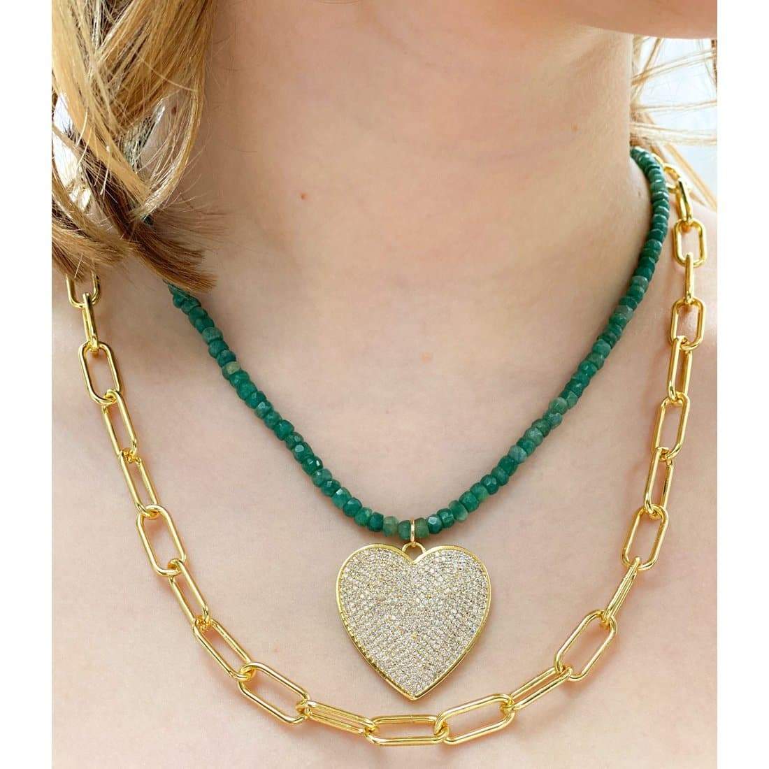 Emerald + Pave Heart Necklace