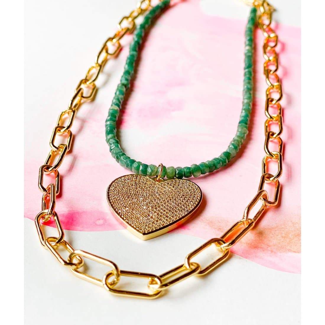 Emerald + Pave Heart Necklace