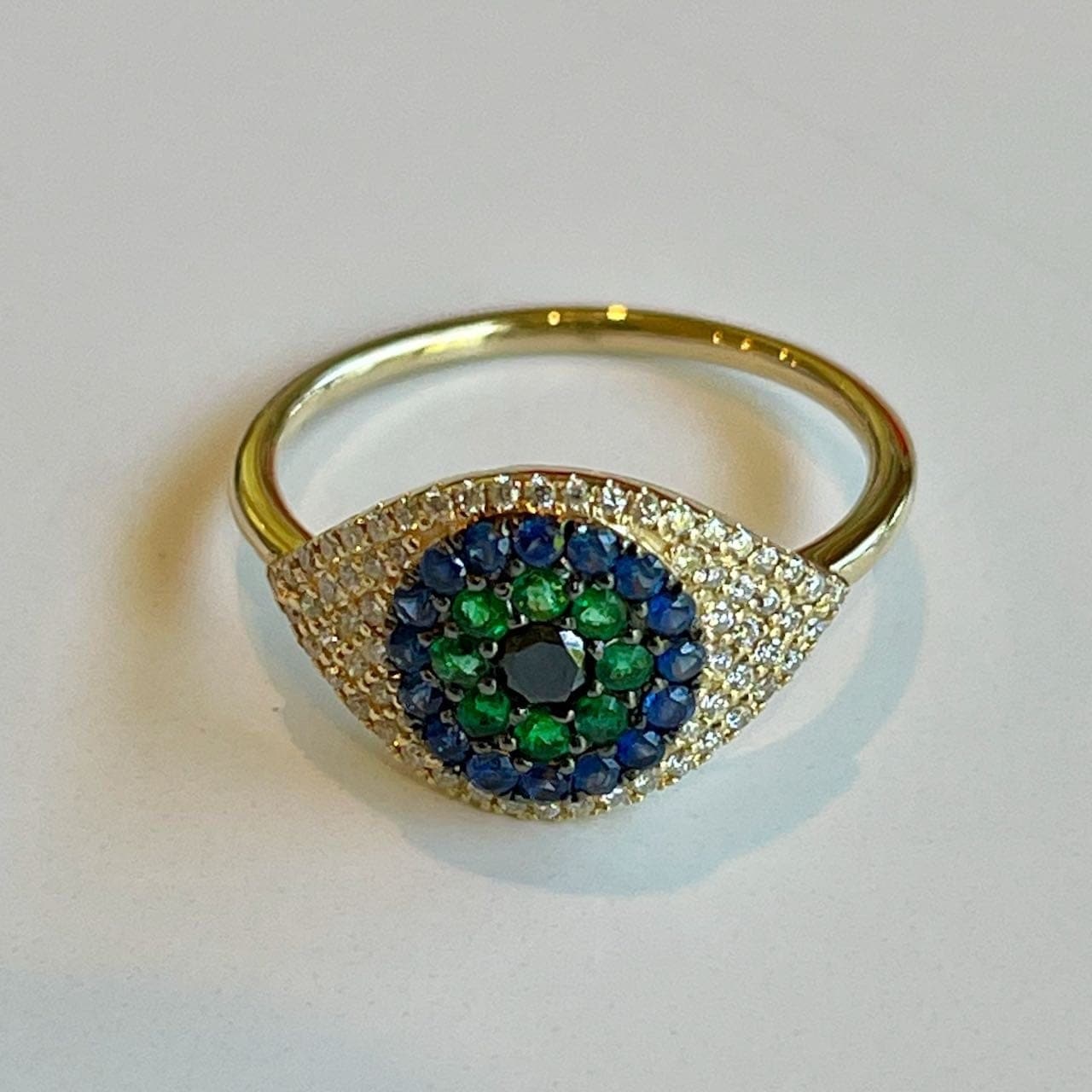 Evil Eye Protector Ring- Emerald & Sapphire -Size 7