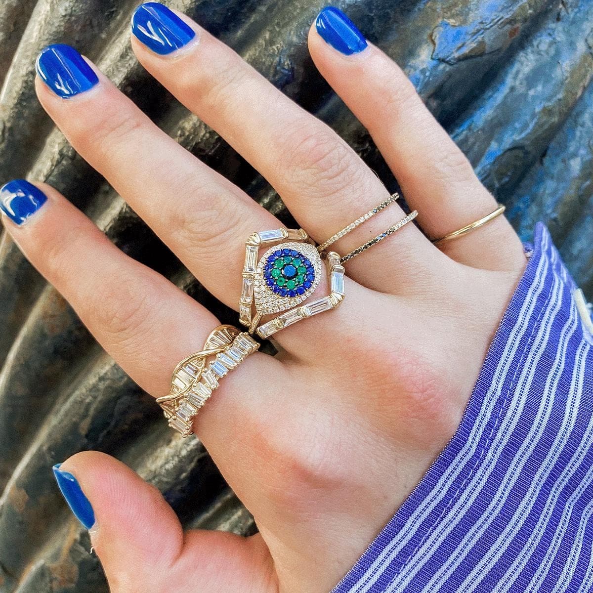 Evil Eye Protector Ring- Emerald & Sapphire -Size 7