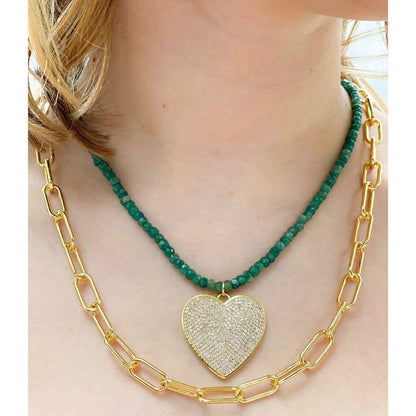 Emerald + Pave Heart Necklace