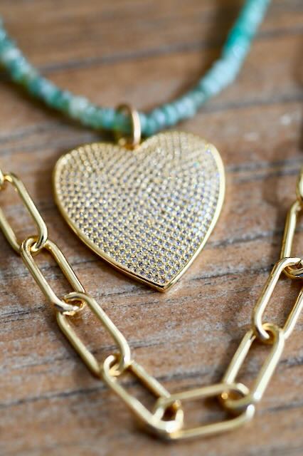 Emerald + Pave Heart Necklace