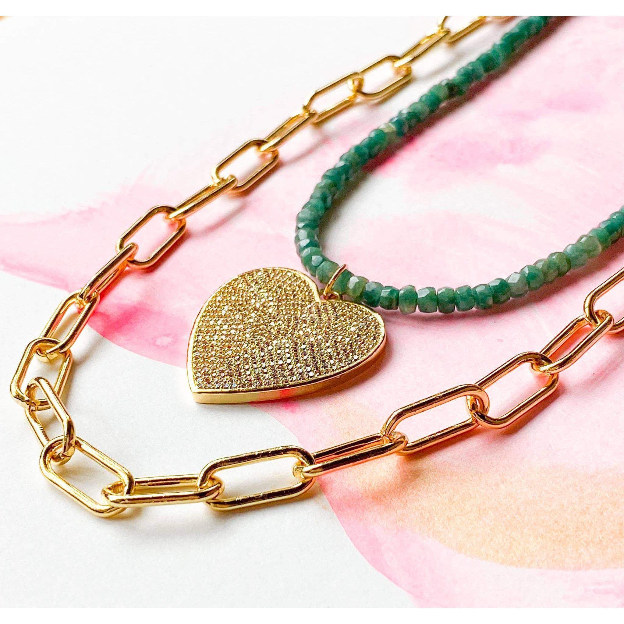 Emerald + Pave Heart Necklace